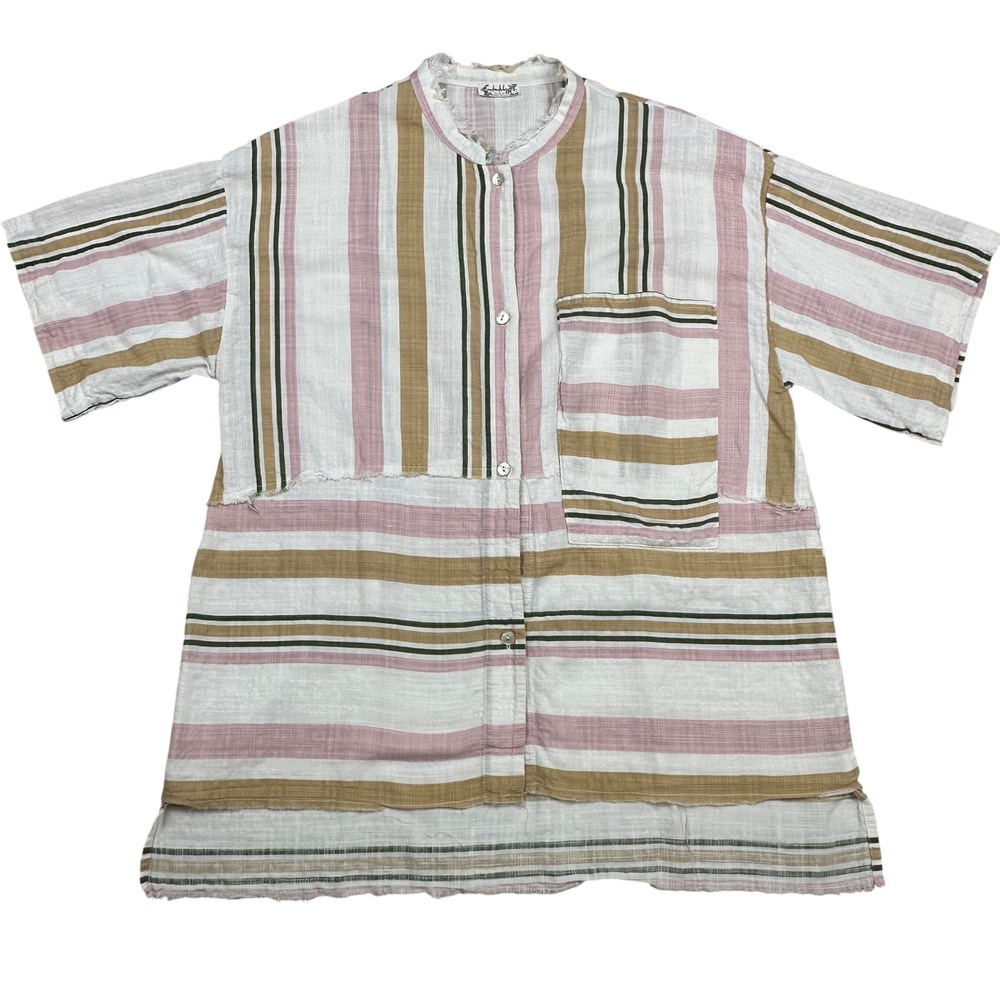 Intimately Free People Mixed Stripe Raw Hem Button Down Shirt Pink Tan Small